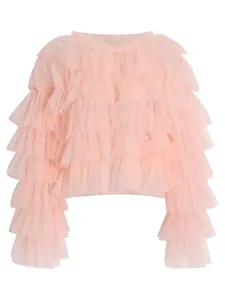 Elegante top de tul rosa con delicadas capas de volantes y diseño de malla pura
