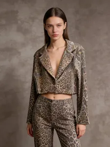 Women American Retro Sequin Leopard Zebra Print Cropped Blazer Jacket Lapel Long Sleeve Top And Bottom Street Fashion