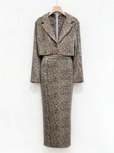 Retro leopard print sequin cropped blazer and midi skirt set displayed on white wall