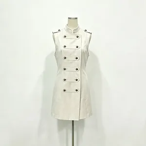 Front view of apricot sleeveless stand collar A-line dress with military-style buttons