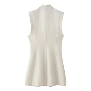 Back view of apricot stand collar sleeveless A-line mini dress with shaping seams