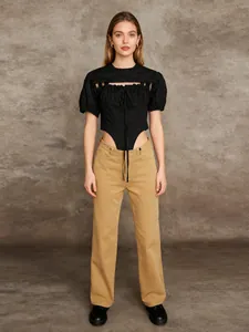 Women Summer Puff Sleeve Shrug And Ruched Bodysuit Top And Bottom Set Solid Color Drawstring Snatched Waist Chic Outfit