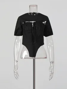 Trendy black two-piece set featuring puff sleeve shrug and drawstring bodysuit for women