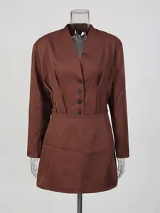 Elegant brown two-piece set featuring a long-sleeve blazer top and matching mini skirt