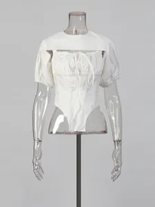 Stylish white puff sleeve shrug and lace-up bodysuit two-piece set for summer fashion
