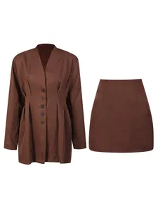Elegant brown two-piece skirt set featuring a waist-hugging blazer and mini skirt