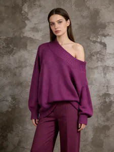 Fashionable purple one-shoulder oversized knit sweater with a loose and lazy style