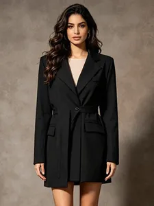 Damen Langarm Reverskragen Blazer Kleid Elegant Slim Fit Taille Bindegürtel Einfarbig Büro Dame Mini Kleid Spleißen Business Kleid