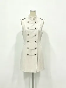 Elegant apricot sleeveless waistcoat dress with stand collar and double-breasted buttons.