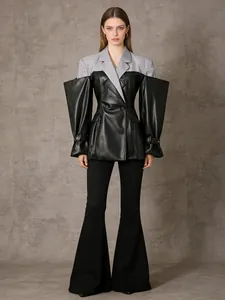 Dames Minimalistische Leren Patchwork Blazer Trendy Oversized Manchet Double Breasted Gestikte Bovenkleding Top Mode Show