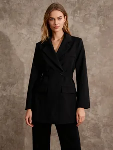 Elegantes schwarzes, tailliertes Langarm-Blazerkleid im Business-Stil für Damen im Studio-Set
