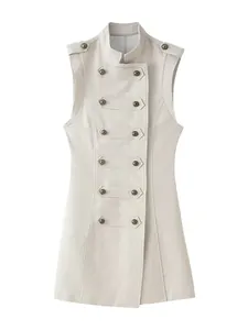 Elegant apricot sleeveless vest dress with stand collar and double-breasted buttons