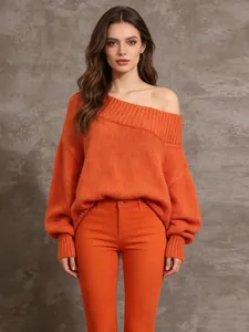 Stylish vibrant orange off-the-shoulder loose knit sweater for a chic and cozy autumn look