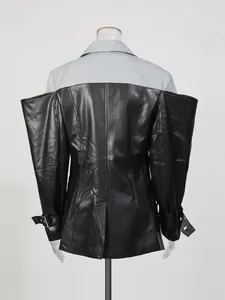 Moderne minimalistische tweekleurige leren patchwork blazer voor dames in grijs en zwart chic