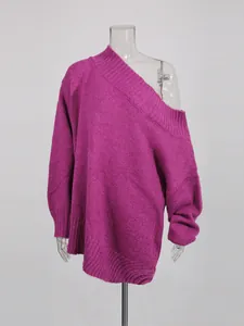 Lazy style magenta off-the-shoulder loose knit sweater for women stylish oversized top
