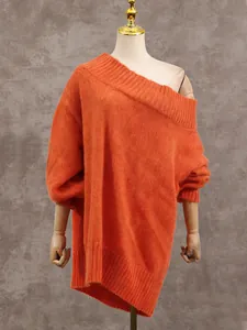 Trendy orange off-the-shoulder oversized knit sweater for a stylish casual look
