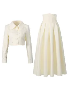 Elegant French vintage two-piece set with pearl jacket and high-waisted pleated skirt
