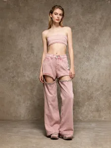 Jeans Coupe Droite Taille Moyenne Ajouré avec Strass pour Femmes Coton Nylon Rose Pantalon en Denim Streetwear Patchwork