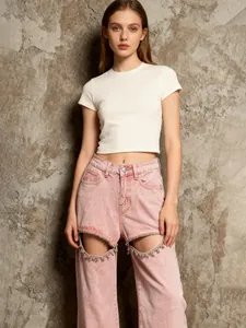 Jean rose taille haute jambe droite avec découpes strass pour femmes mode chic