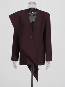 Elegant burgundy oversized blazer with asymmetrical shawl lapel and trailing streamer