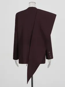 Burgundy oversized women's blazer with asymmetrical shawl drape back detail