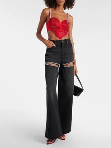 Jean denim noir à jambe droite et taille mi-haute pour femme avec détails en strass évidés