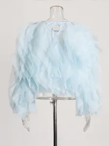 Elegante hellblaue gestufte Rüschen-Netzbluse für Damen, modisches kurzes Sommertop