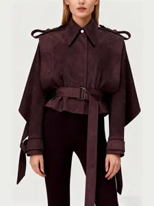 French Style Lapel Asymmetric Jacket For Women Wine Red High-End Waist Tie Patchwork Autumn Casual Fashion Outwear Top
