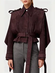 Elegant French-style belted suede jacket in burgundy with irregular shoulder design