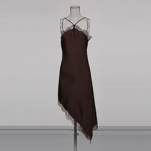 Brown satin halter neck dress with delicate lace trim and asymmetric hemline
