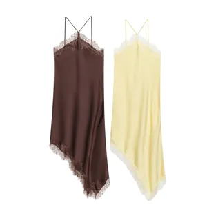 French style satin slip dresses with lace trim and irregular hem in brown and yellow colors.