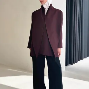 Elegant maroon cape blazer for women featuring a single button and draped silhouette.