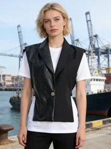 Edgy black asymmetrical moto vest featuring crocodile pattern faux leather detailing