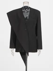 Elegant black oversized blazer jacket with a unique asymmetrical cape and ribbon design.
