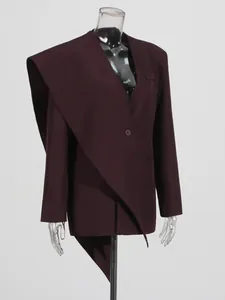 Modern oversized burgundy blazer for women with asymmetric shawl and draped tail back