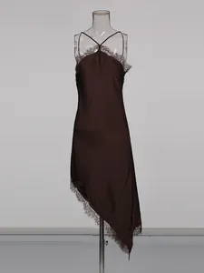 Elegant brown halter dress with lace trim and asymmetrical hem for a slim fit look.