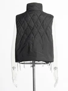 Back view of a black quilted vest featuring elegant rhinestone tassel fringe details