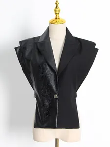 Chic motorcycle style black vest with asymmetric PU crocodile texture design for women