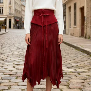 Elegant French style high waist pleated midi skirt with irregular hem in burgundy red.