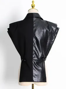 Black biker style vest for women with crocodile embossed PU leather patchwork back