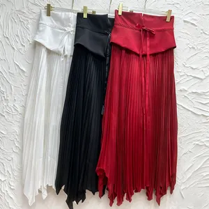 French style elegant high-waisted pleated midi skirts in white, black, and classic red