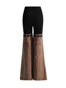 Unique high-waisted patchwork flared jeans with brown denim and black contrast back view