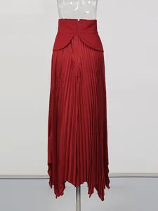 Back view detail of a French style red high-waisted pleated maxi skirt for women