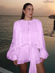 Lavender pleated mini dress with long lantern sleeves and ruffles for vacation