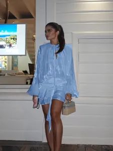 Chic French style light blue long sleeve ruffle mini dress for elegant vacation resort wear