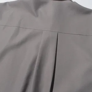 Detailopname van het rugstuk en de plooidetails op een grijs overhemd voor dames in vintage stijl
