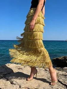 Women's Vintage Elegant High Waist Tiered Tassel Cake Skirt Solid Color Fringe Maxi Skirt For Wedding Party Banquet Travel