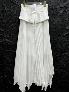Elegant French style white pleated maxi skirt with high waist and irregular hemline.