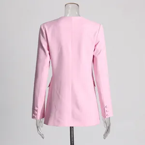 Rear view of elegant pink women's blazer jacket showing slim fit cut and sleeve buttons