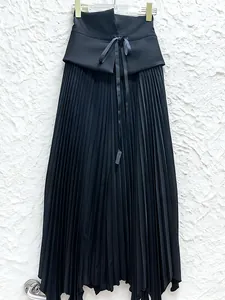 French style elegant high waist pleated black maxi skirt with unique drawstring waist tie